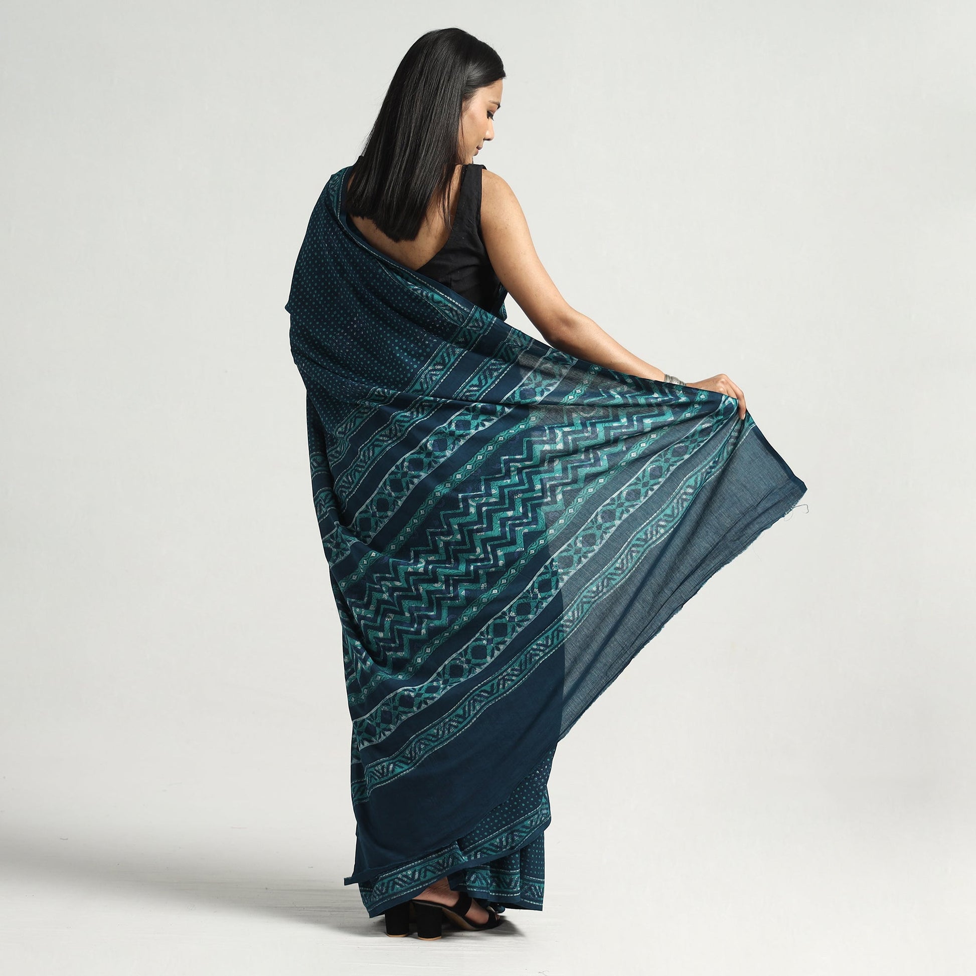 Blue - Akola Hand Block Printed Cotton Saree
