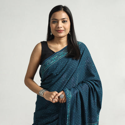 Blue - Akola Hand Block Printed Cotton Saree