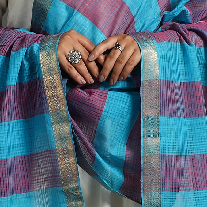 Blue  - Original Mangalagiri Handloom Cotton Dupatta with Zari Border