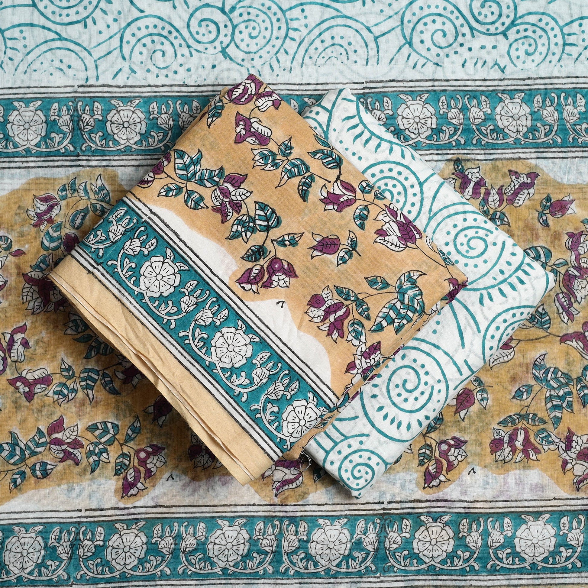 Beige - 3pc Sanganeri Block Print Cotton Dress Material 31