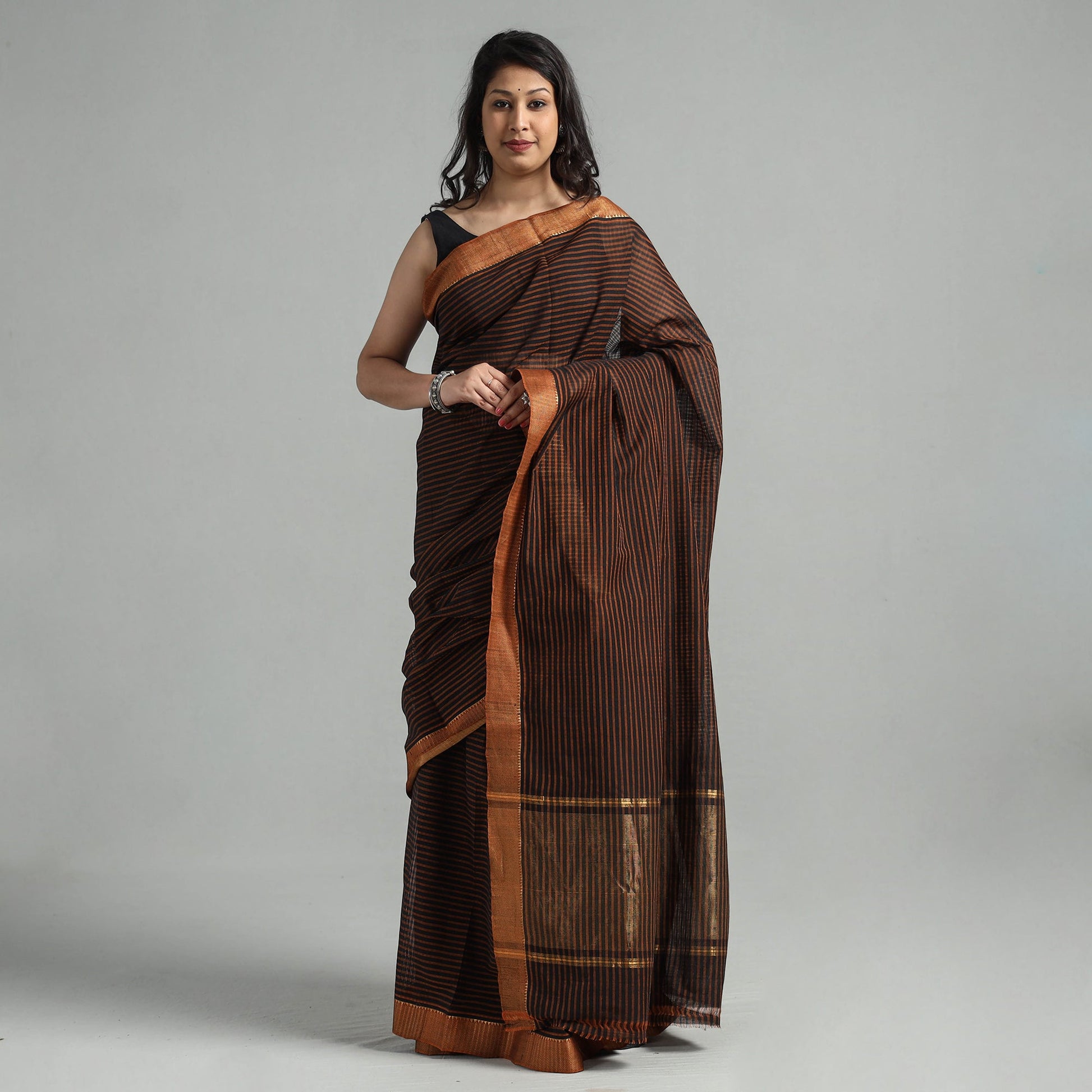 Brown - Mangalagiri Stripe Cotton Handloom Saree with Ikat Blouse