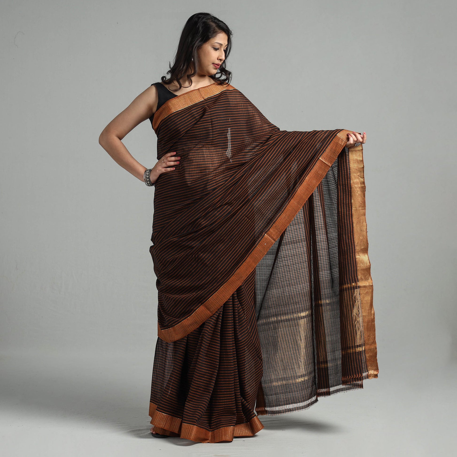Brown - Mangalagiri Stripe Cotton Handloom Saree with Ikat Blouse