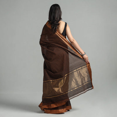 Brown - Mangalagiri Stripe Cotton Handloom Saree with Ikat Blouse