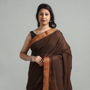 Brown - Mangalagiri Stripe Cotton Handloom Saree with Ikat Blouse