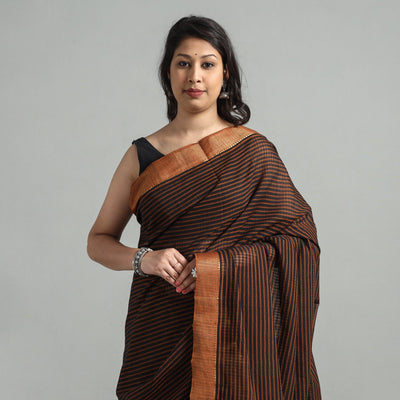 Brown - Mangalagiri Stripe Cotton Handloom Saree with Ikat Blouse