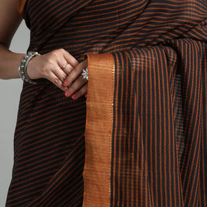 Brown - Mangalagiri Stripe Cotton Handloom Saree with Ikat Blouse
