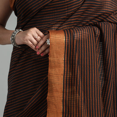 Brown - Mangalagiri Stripe Cotton Handloom Saree with Ikat Blouse