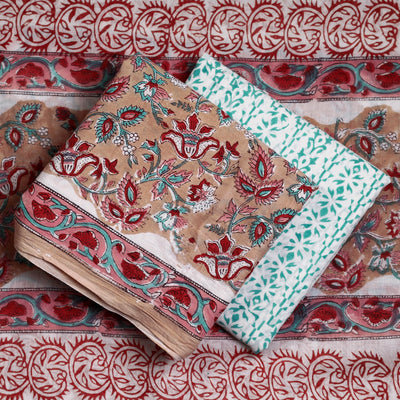 Brown - 3pc Sanganeri Block Printed Cotton Suit Material Set