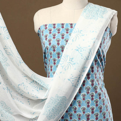 Blue - 3pc Sanganeri Block Print Cotton Dress Material 36