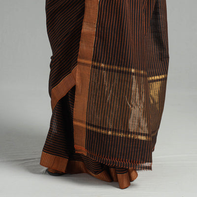 Brown - Mangalagiri Stripe Cotton Handloom Saree with Ikat Blouse