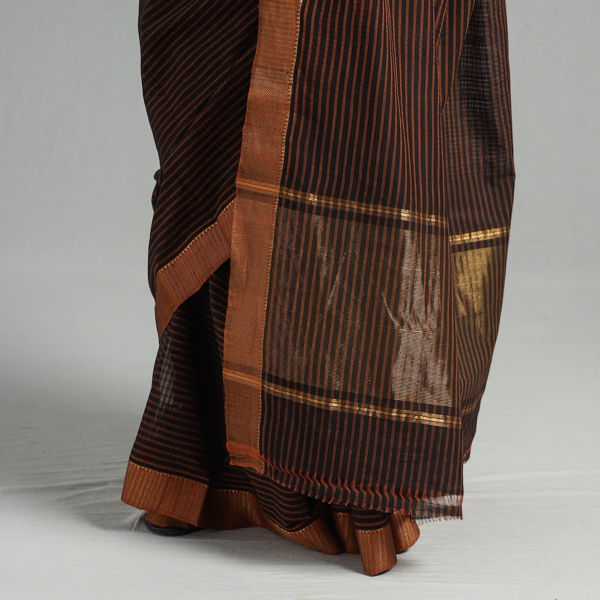 Brown - Mangalagiri Stripe Cotton Handloom Saree with Ikat Blouse