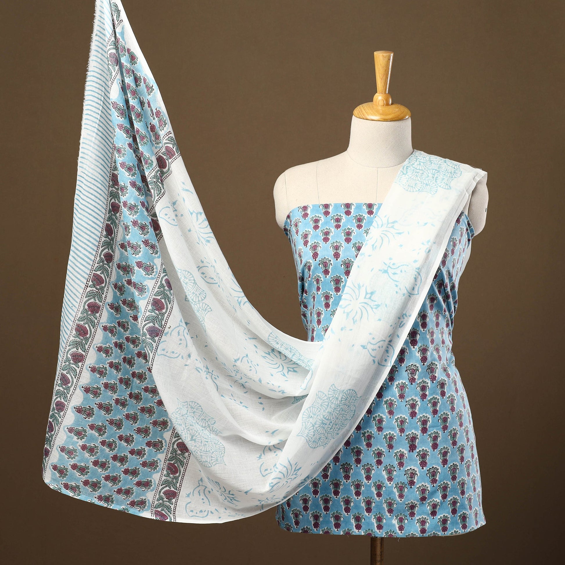 Blue - 3pc Sanganeri Block Print Cotton Dress Material 36