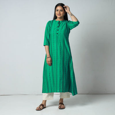 Aqua Green - Jacquard Cotton A-Line Long Kurta