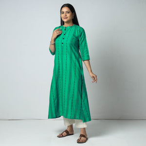 Aqua Green - Jacquard Cotton A-Line Long Kurta