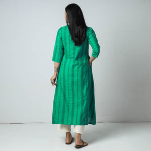 Aqua Green - Jacquard Cotton A-Line Long Kurta