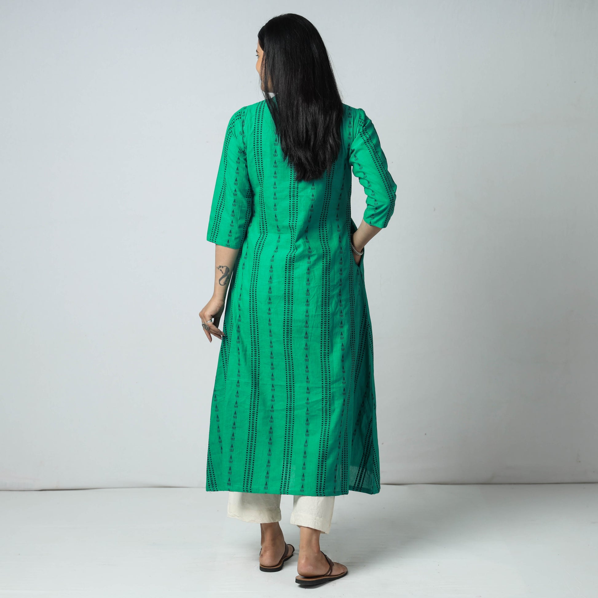 Aqua Green - Jacquard Cotton A-Line Long Kurta