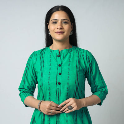 Aqua Green - Jacquard Cotton A-Line Long Kurta