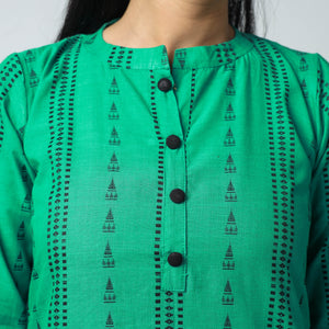 Aqua Green - Jacquard Cotton A-Line Long Kurta