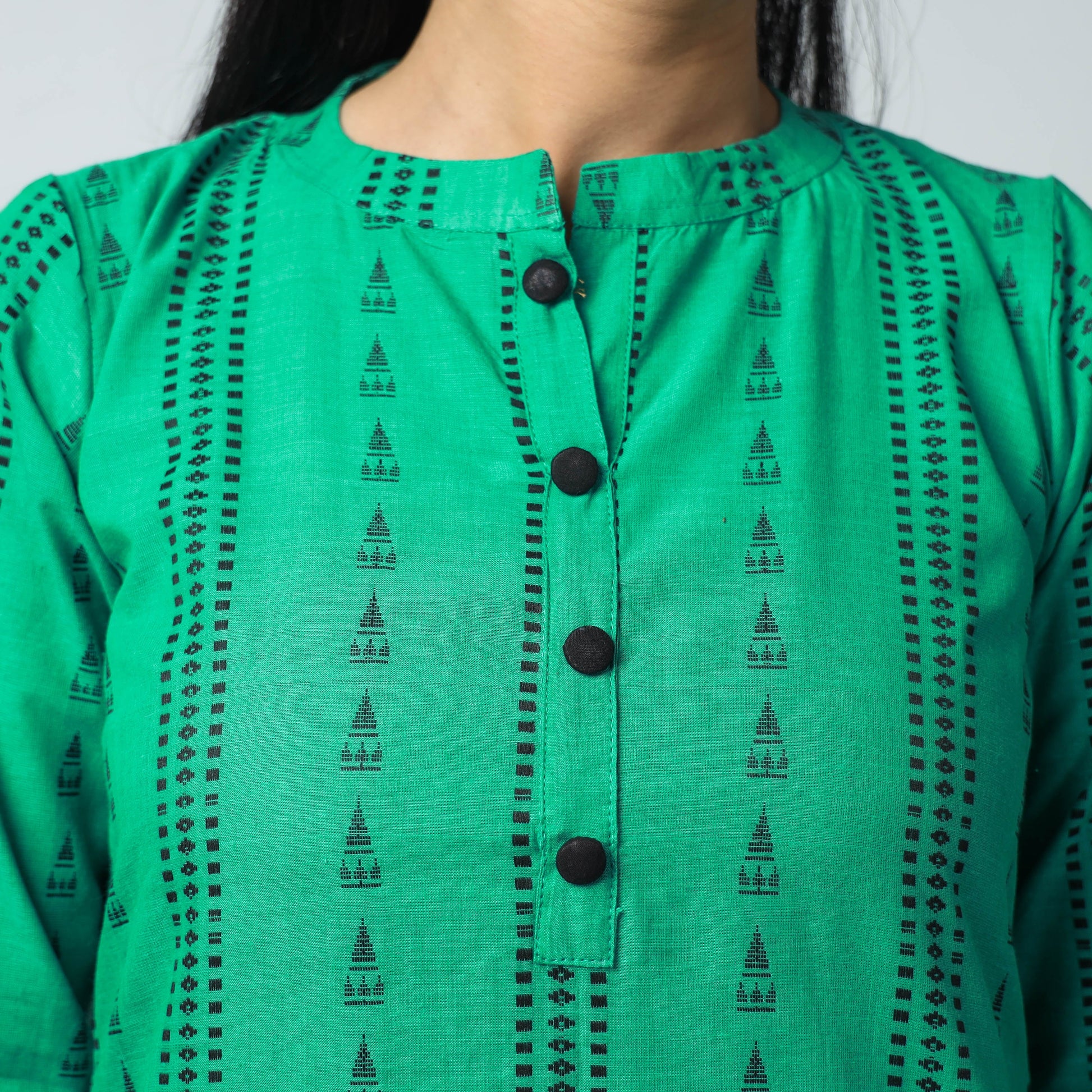 Aqua Green - Jacquard Cotton A-Line Long Kurta