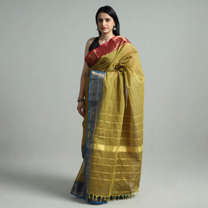 Brown - Green - Traditional Kanchipuram Cotton Saree with Zari Border 11