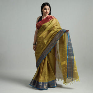 Brown - Green - Traditional Kanchipuram Cotton Saree with Zari Border 11