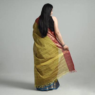 Brown - Green - Traditional Kanchipuram Cotton Saree with Zari Border 11