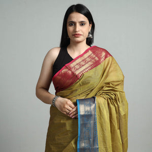 Brown - Green - Traditional Kanchipuram Cotton Saree with Zari Border 11