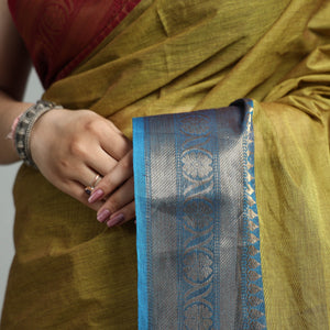 Brown - Green - Traditional Kanchipuram Cotton Saree with Zari Border 11
