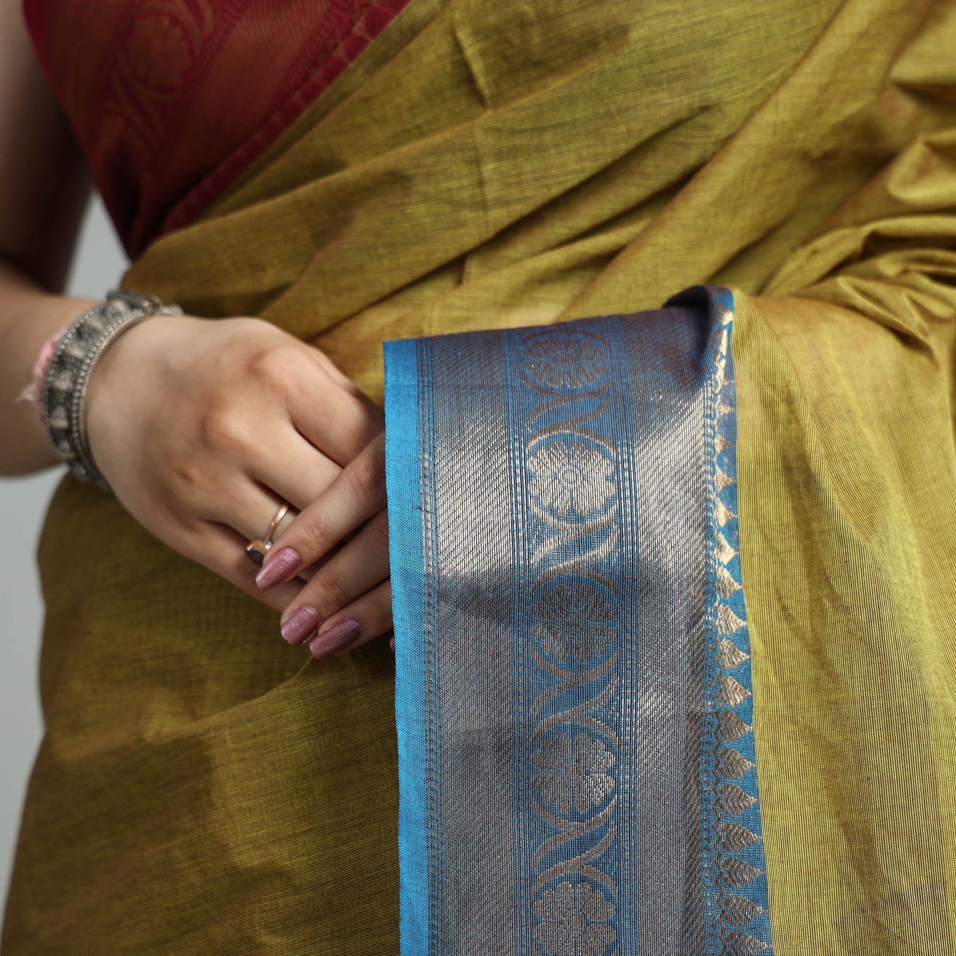 Brown - Green - Traditional Kanchipuram Cotton Saree with Zari Border 11