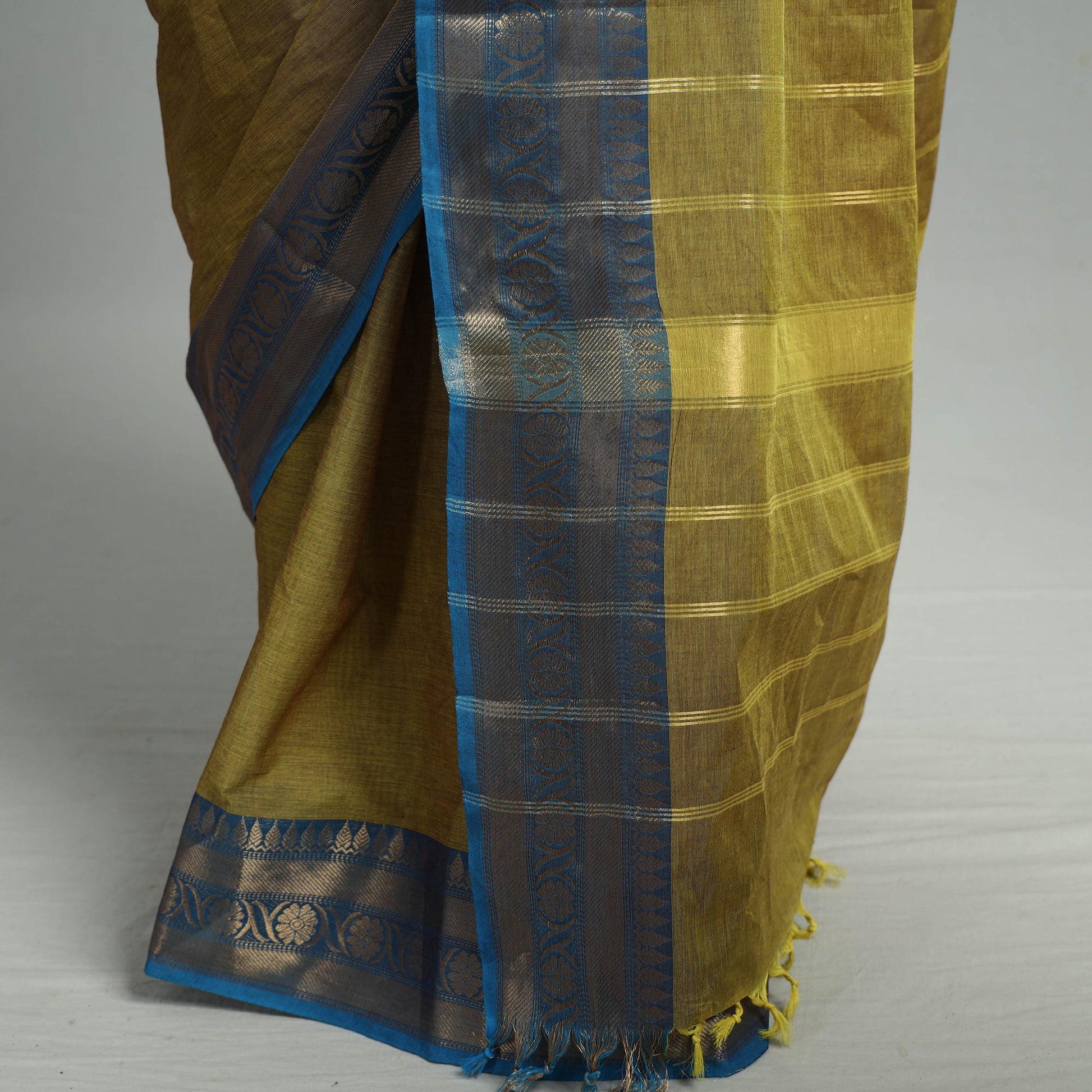 Brown - Green - Traditional Kanchipuram Cotton Saree with Zari Border 11