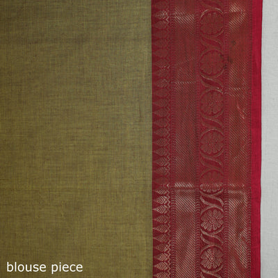 Brown - Green - Traditional Kanchipuram Cotton Saree with Zari Border 11