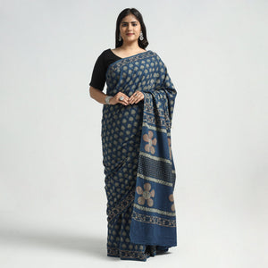 Blue - Akola Hand Block Printed Cotton Saree