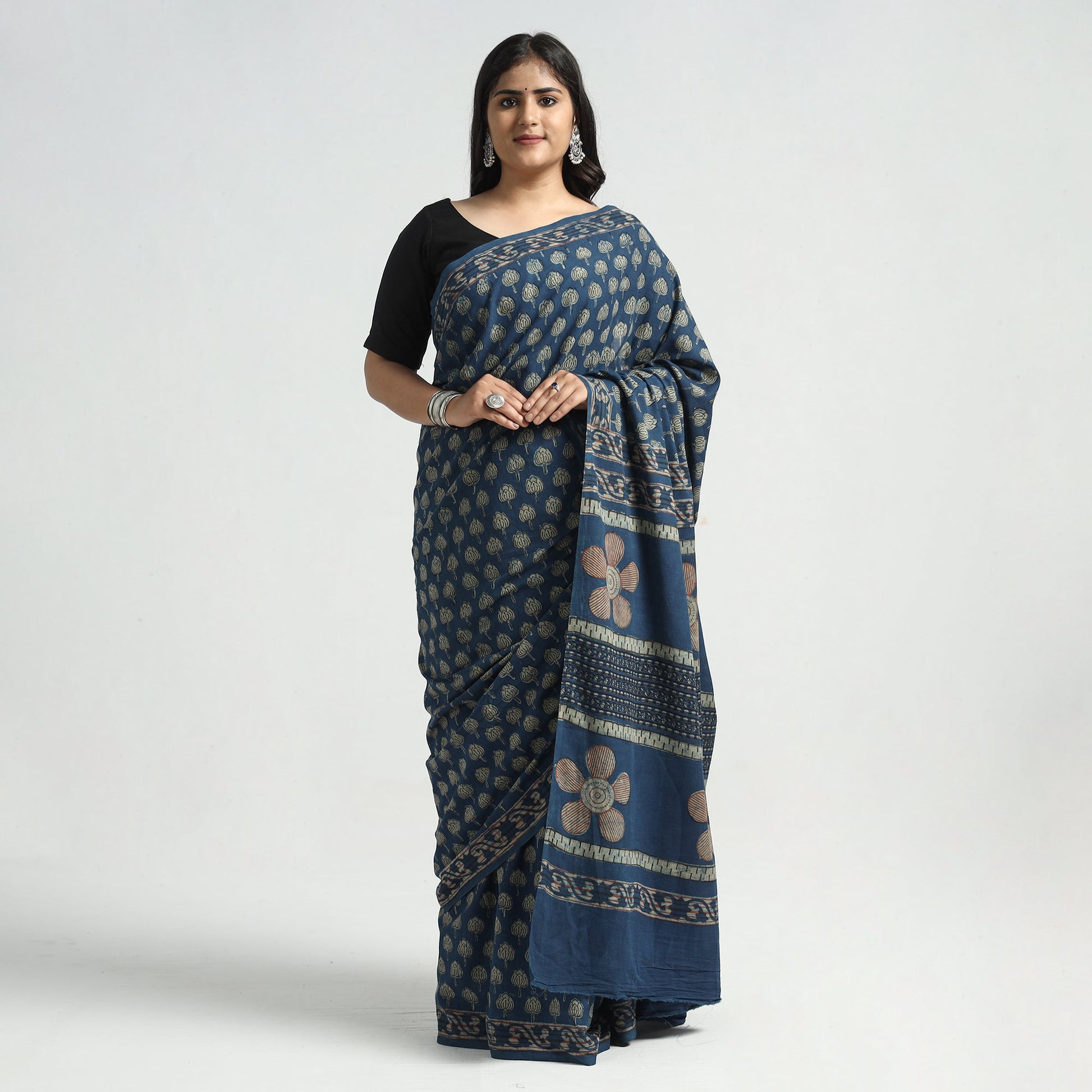 Blue - Akola Hand Block Printed Cotton Saree