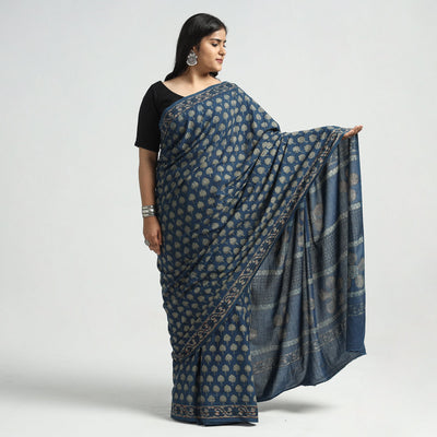 Blue - Akola Hand Block Printed Cotton Saree