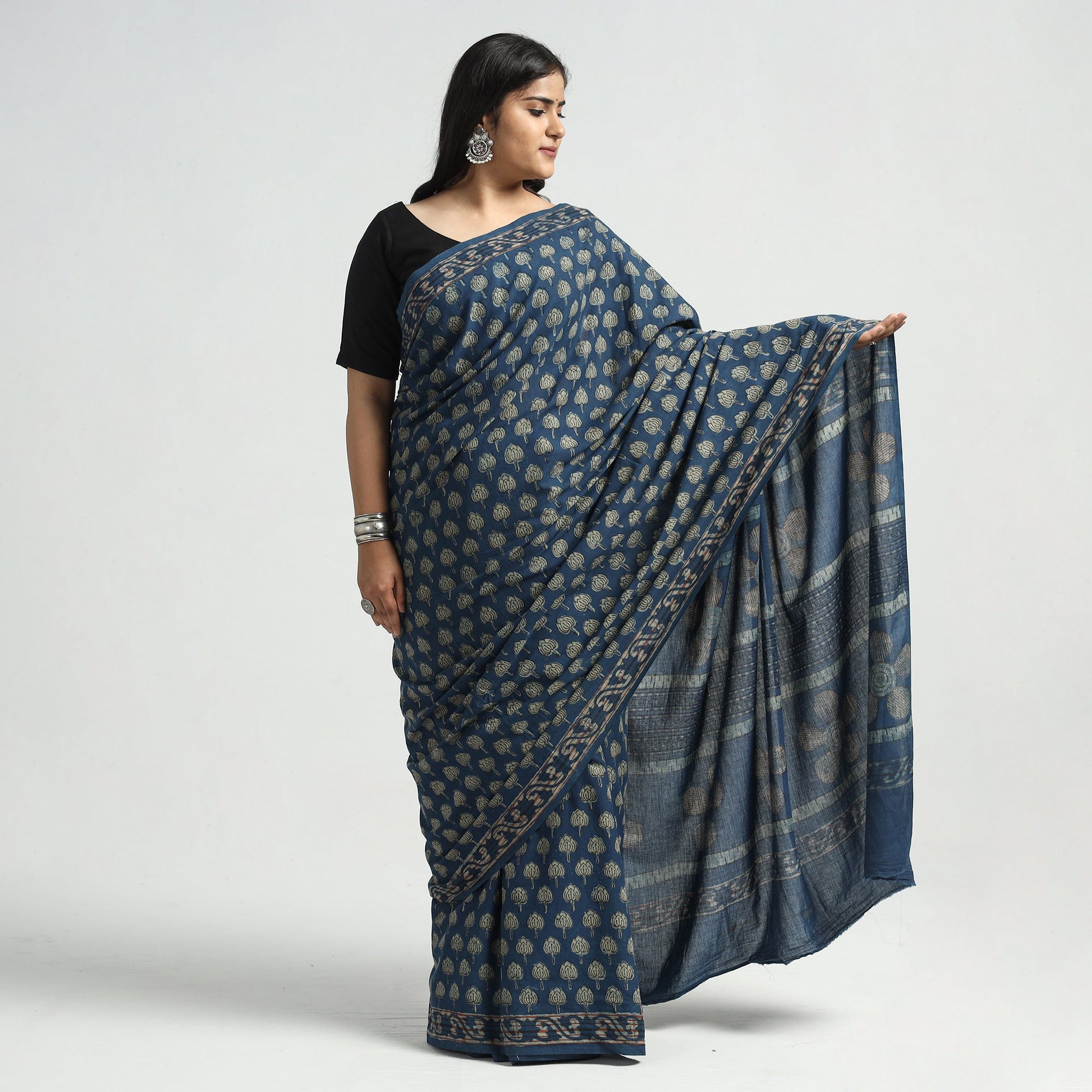 Blue - Akola Hand Block Printed Cotton Saree