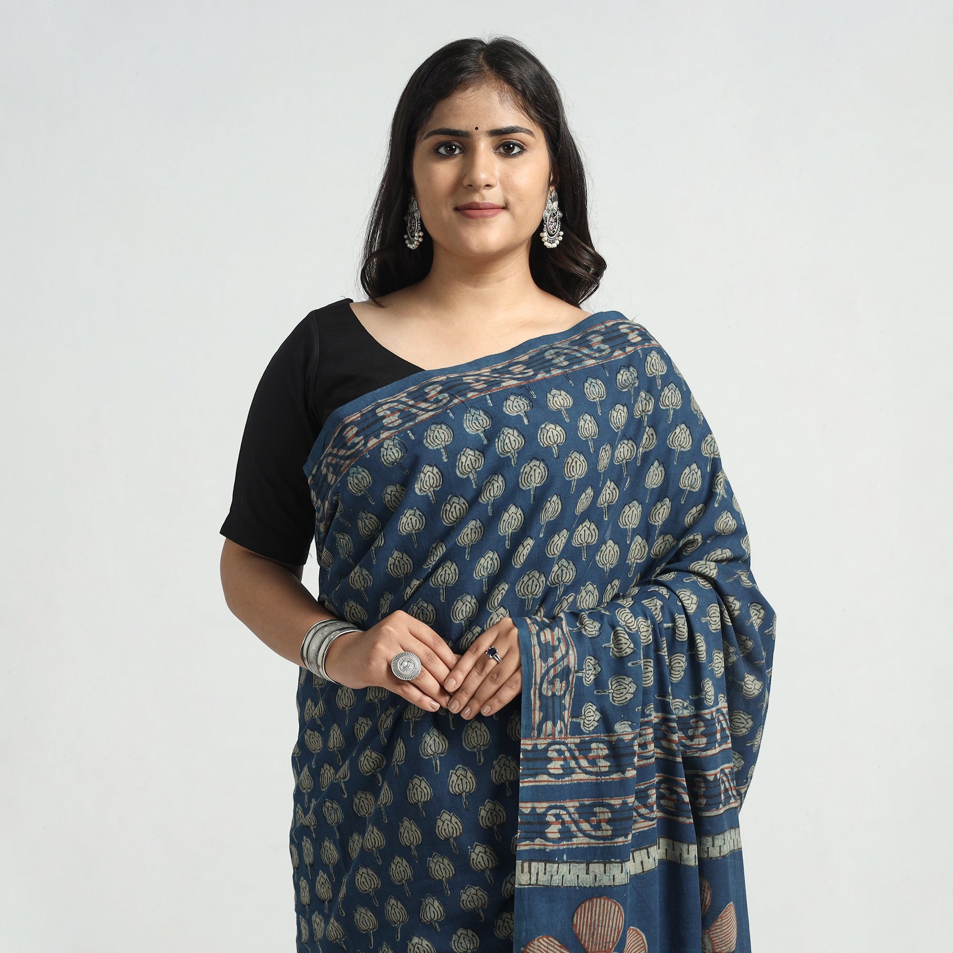 Blue - Akola Hand Block Printed Cotton Saree