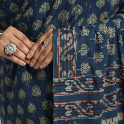 Blue - Akola Hand Block Printed Cotton Saree