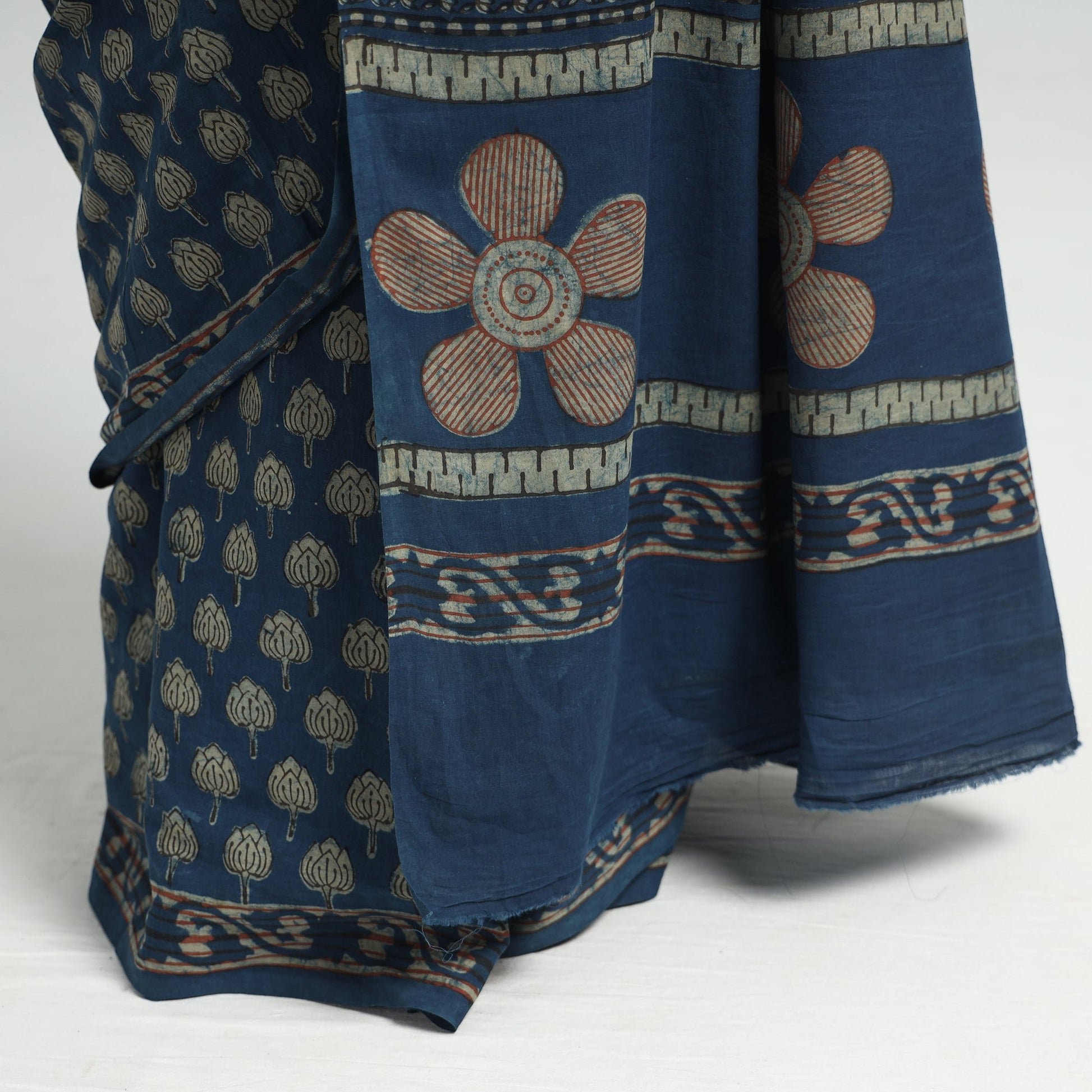Blue - Akola Hand Block Printed Cotton Saree
