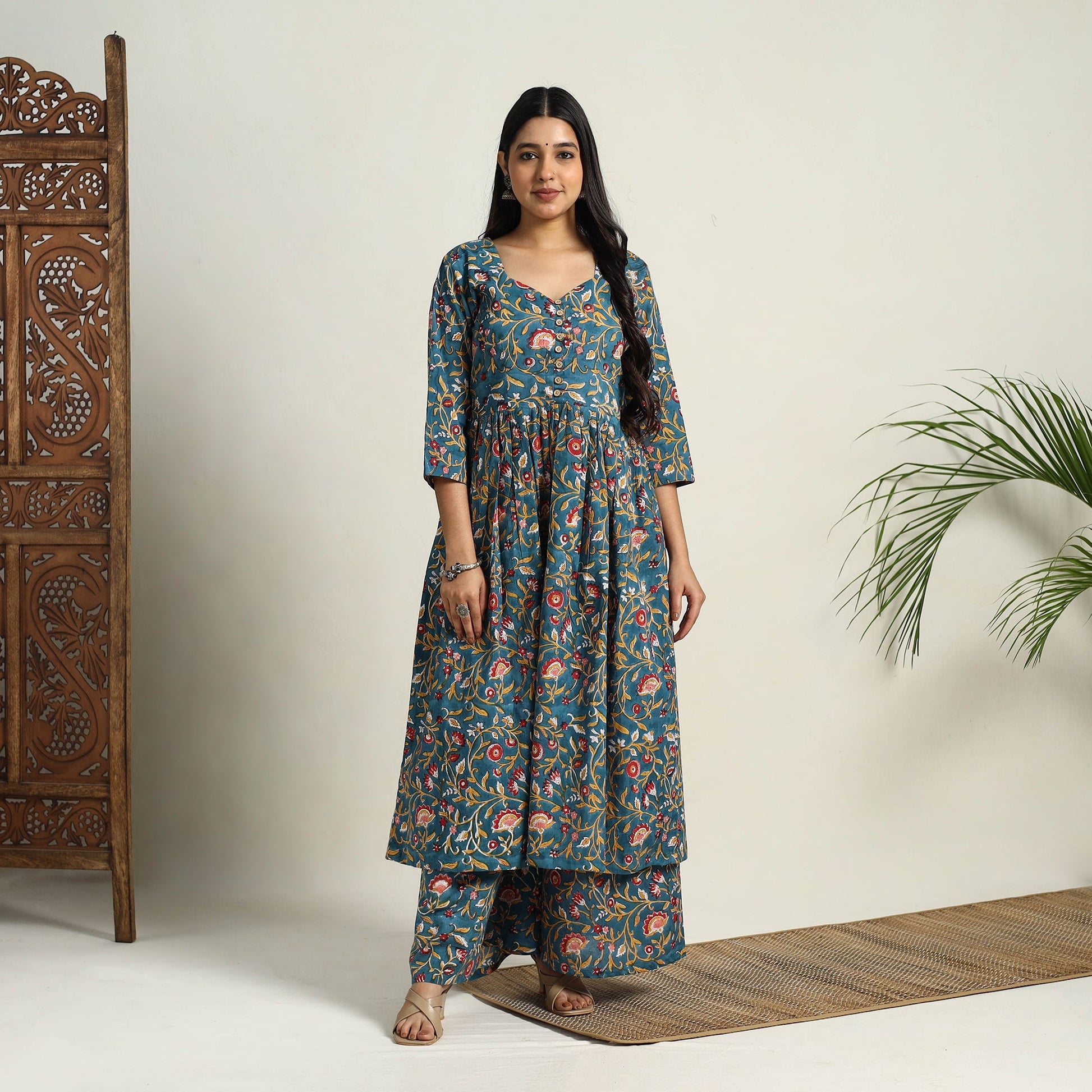 Blue - Block Print Cotton Flared Sanganeri Kurta Set 13