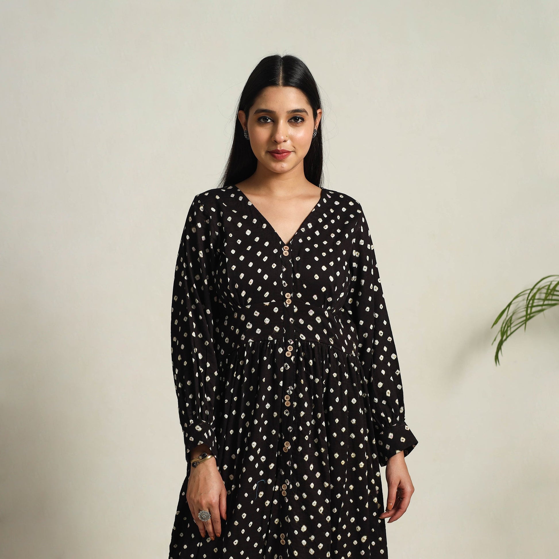 Black - Tie & Dye Cotton Tiered Fit & Flare Bandhani Dress 07