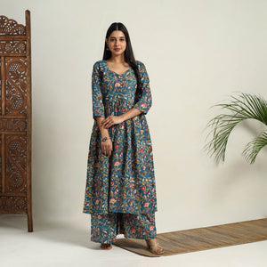 Blue - Block Print Cotton Flared Sanganeri Kurta Set 13