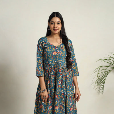 Blue - Block Print Cotton Flared Sanganeri Kurta Set 13