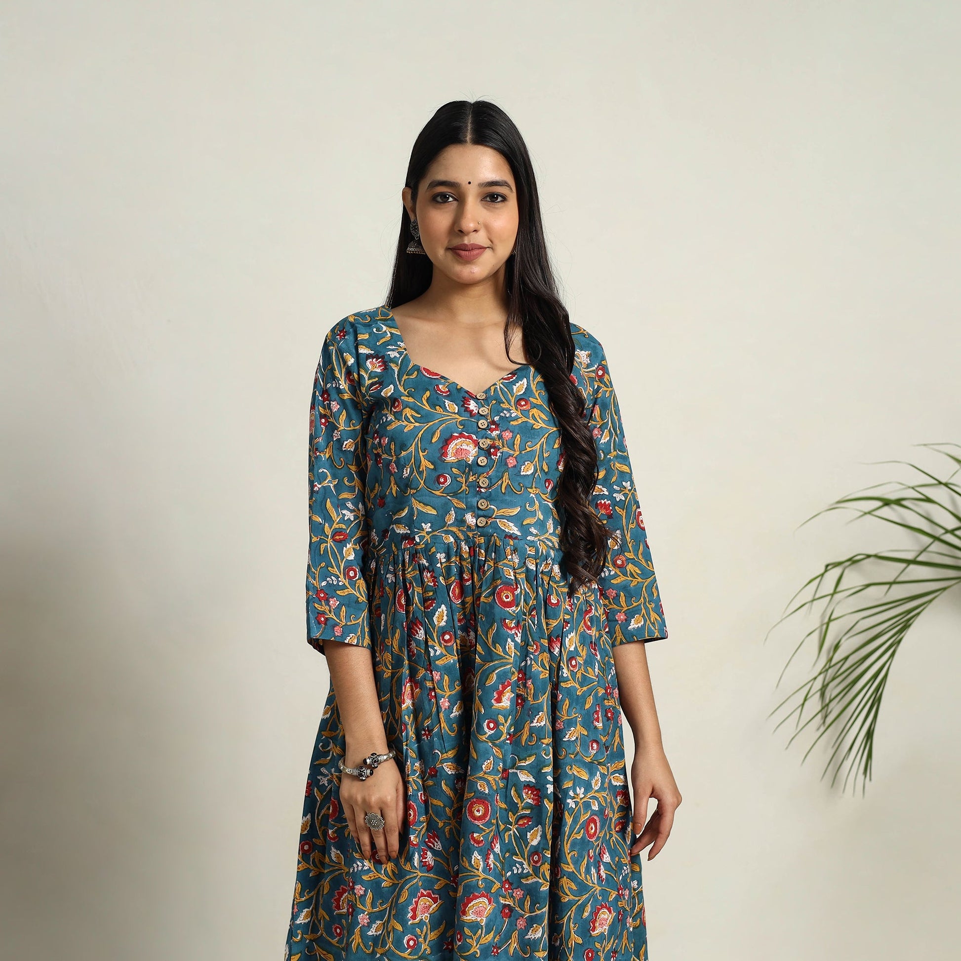 Blue - Block Print Cotton Flared Sanganeri Kurta Set 13