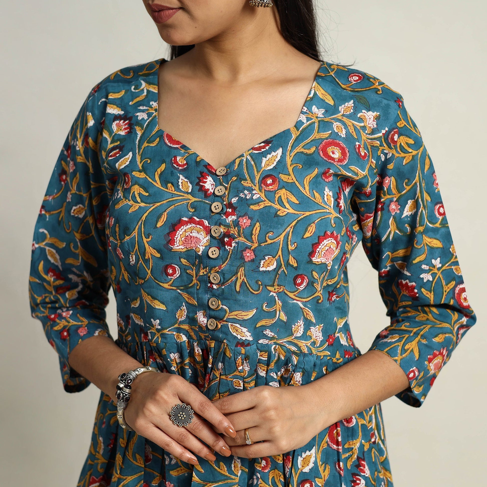 Blue - Block Print Cotton Flared Sanganeri Kurta Set 13