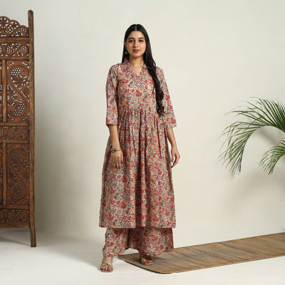Brown - Block Print Cotton Flared Sanganeri Kurta Set 04
