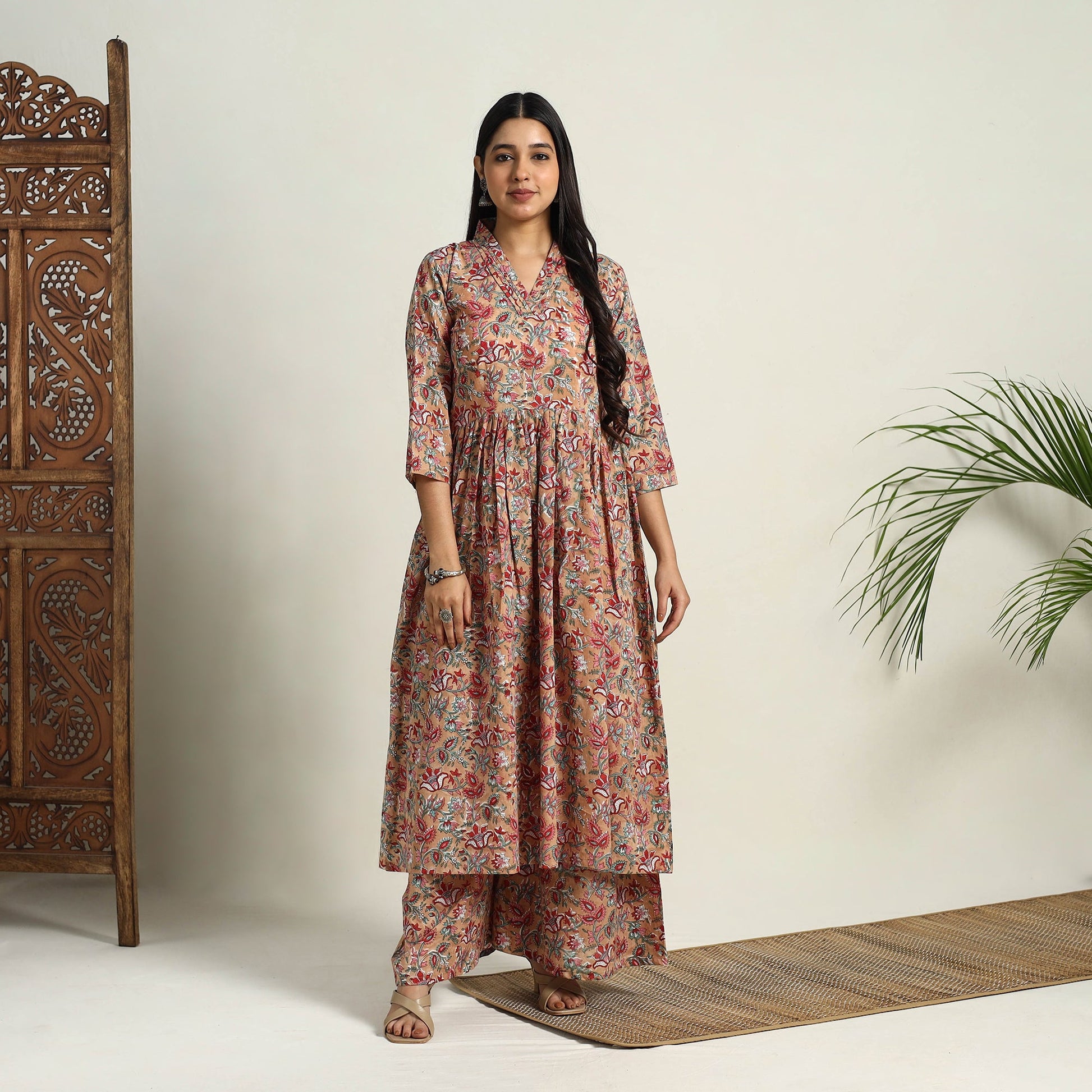 Brown - Block Print Cotton Flared Sanganeri Kurta Set 04