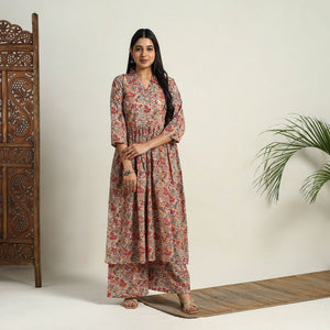 Brown - Block Print Cotton Flared Sanganeri Kurta Set 04