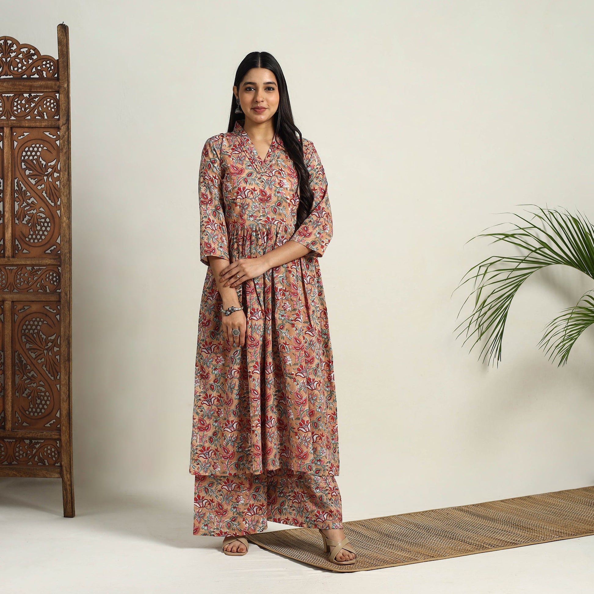 Brown - Block Print Cotton Flared Sanganeri Kurta Set 04