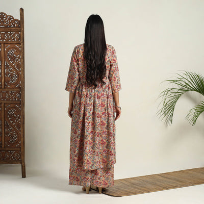 Brown - Block Print Cotton Flared Sanganeri Kurta Set 04