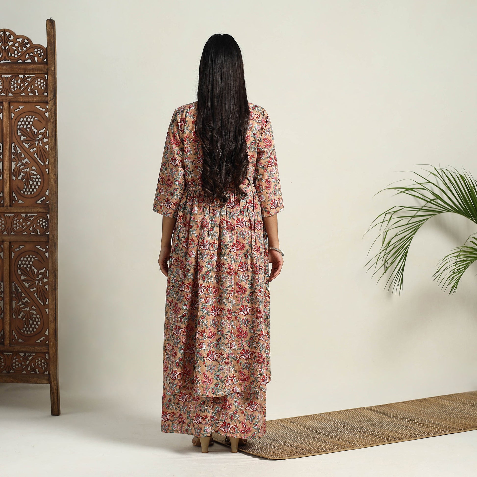 Brown - Block Print Cotton Flared Sanganeri Kurta Set 04